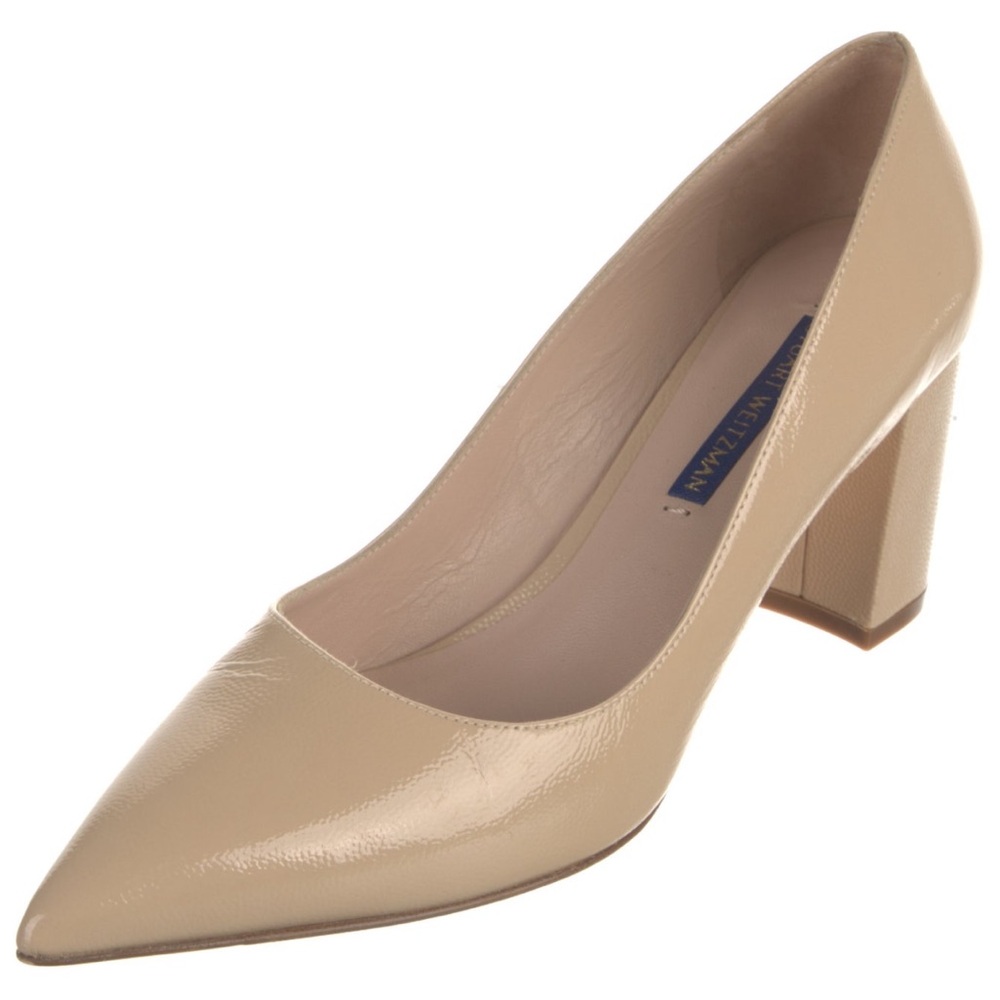 Stuart Weitzman leather neutral beige block heel pointed toe pumps - Picture 3 of 9